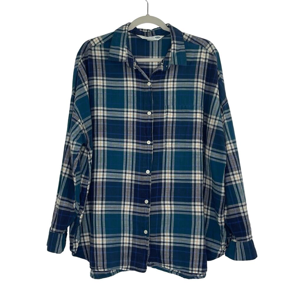Old Navy The Boyfriend Shirt blue white plaid button down LS size XXL